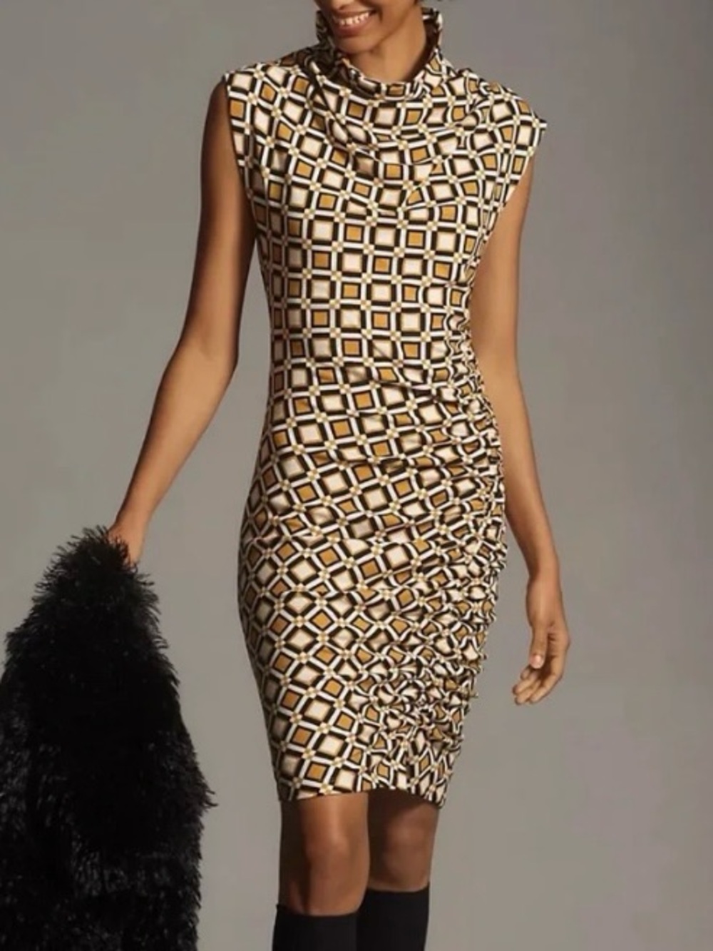 Anthropologie Maya Ruched Cowl Neck Geometric Mini Dress M